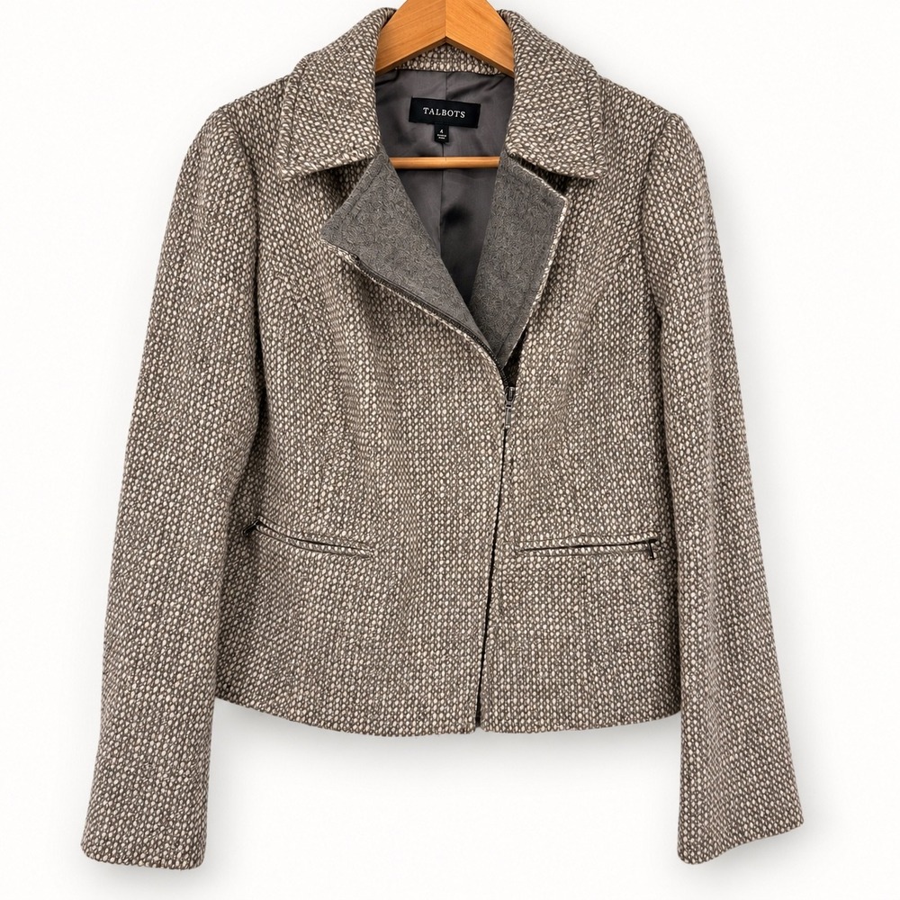 Talbots 4 Wool Blend Jacket Tweed Moto Asymetrical Zip Workwear Layering Career